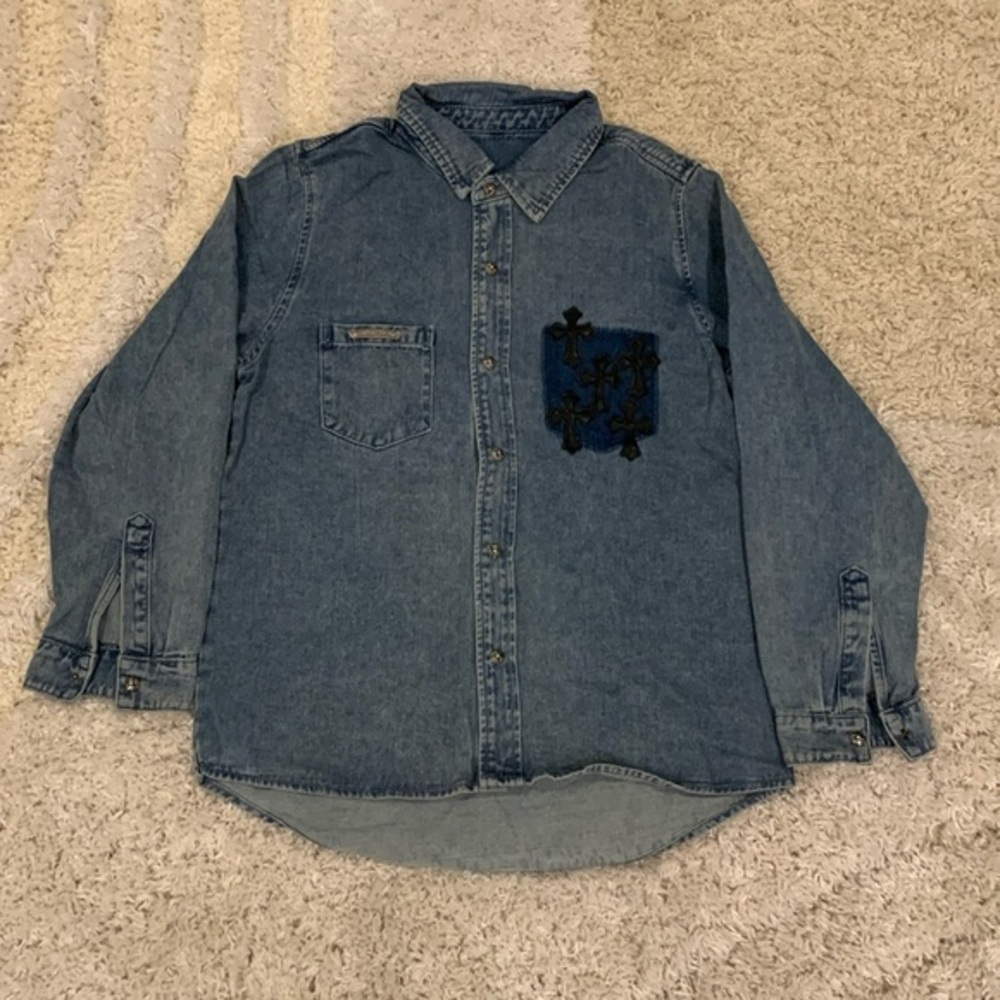 Chrome Hearts Blue Jean Jacket Front Button Up Pocket Crosses Men’s Size Large